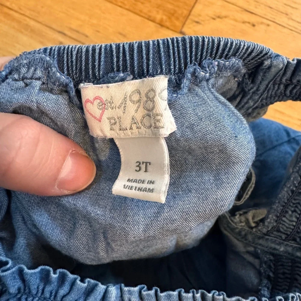 The Childrens Place Girls Denim Jumpsuit 3T Chambray Smocked Flutter Sleeve Blue